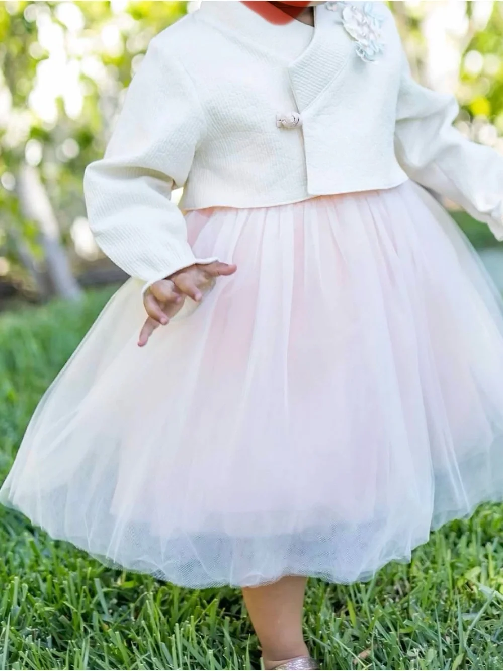 Girls' Hanbok Cream with Pink/peach Tulle Dress